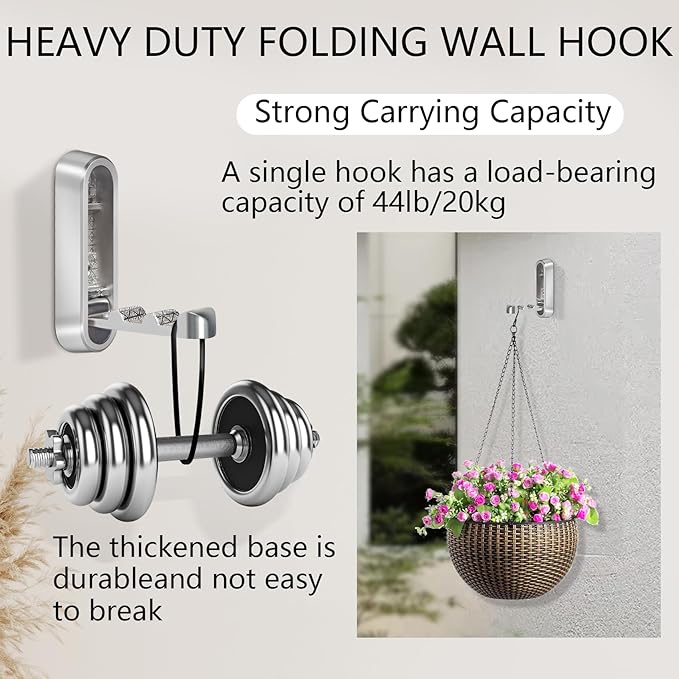 2PCS Foldable Wall Hooks, Heavy Duty Zinc Alloy Folding Wall Hooks,Folding Coat Hooks, Flip Down Hook for Hanging Coats, Bags, Hats, Cooking Utensil, Bathrobes, Keys (Silver)