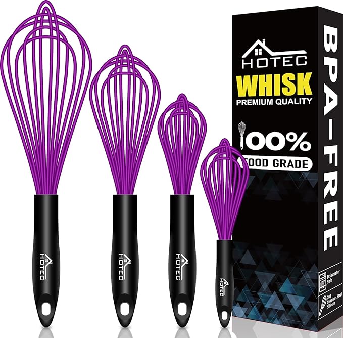 HOTEC 4 Pieces Silicone Whisks for Cooking, Wire Balloon Whisks Egg Beater, Non-Slip Handle Whisk for Non-Stick Cookware Perfect for Stirring, Beating and Blending, Stainless Steel, Purple