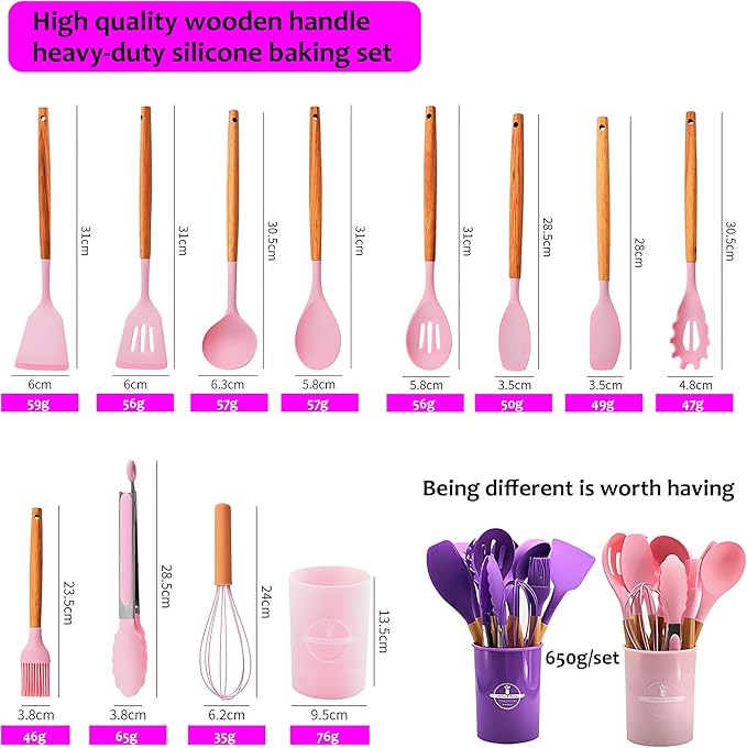 Kitchen Silicone Cooking Utensil Set with Wooden Handles Holder, Great for Cooking, Mixing, Scoop, Scrape, Non stick Heat Resistant (Purple -12pcs Sets)