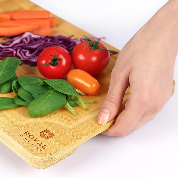 ROYAL CRAFT WOOD Organic Bamboo Cutting Board with Juice Groove - Chopping Board for Meat Butcher Block Cheese and Vegetables, 12x8"