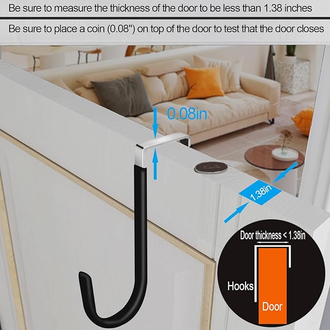 6 Pack Over The Door Hooks, Door Hangers Hooks, Soft Rubber Surface Prevents Scratches, Heavy Duty Door Hooks for Bathroom, Living Room, Kitchen Hanging Clothes, Towels, Hats, Black