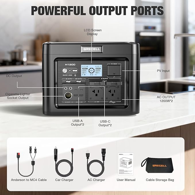 GRECELL 1200W Portable Power Statio with 200W Portable Solar Panel 23.5% High Efficiency Solar Panel, 672Wh LiFePO4 Battery Solar Generator with 9 Output Ports for Outdoor Camping, RV, Travel