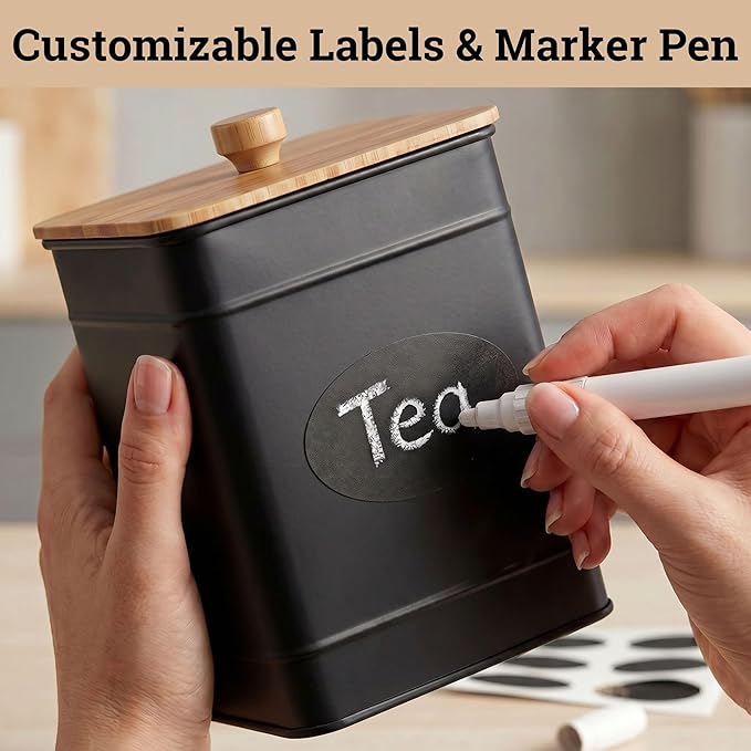 Kitchen Canisters for Countertop Set of 3 with Customizable Chalkboard Labels & Marker Pen - Big Iron Kitchen Canisters with Airtight Lids - Black Canister Set - Flour and Sugar Containers Farmhouse