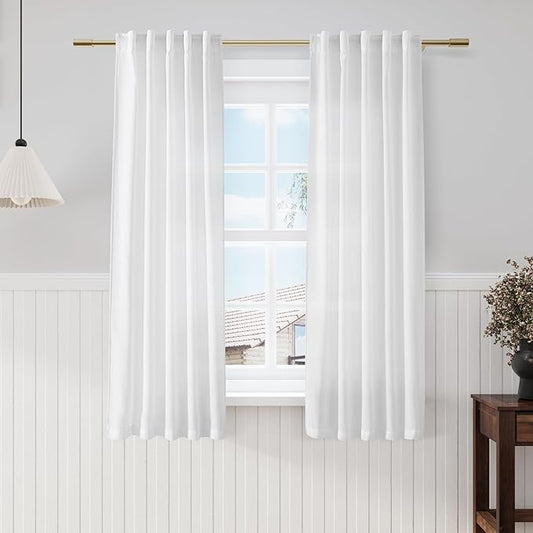 White Semi Sheer Linen Curtains 63 inch Length for Living Room Back Tab Rod Pocket Narrow Mini Skinny Door Decor Cotton Textured Gauze Curtains for Laundry Room Basement Bathroom 38x63