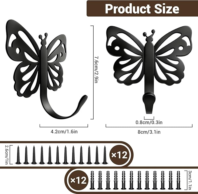 Butterfly Coat Hooks For Wall,Heavy Duty 20LB Black Coat Hooks & Towel Hooks,Metal Wall Mount Hangers for Bathroom,Living Room,Kitchen - for Hanging Coat,Hat,Key,Bag,Robe,Scarf,Dog Leash,6 Pack