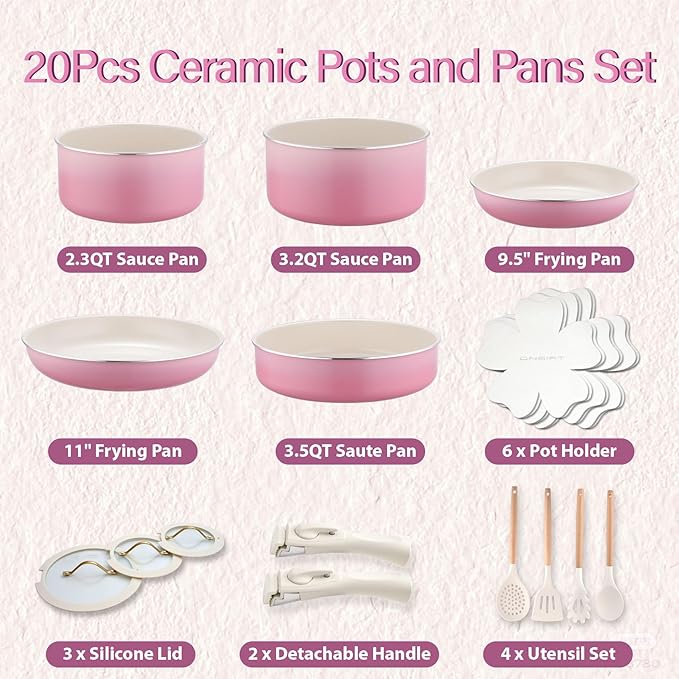 ONGIFT 20pcs Ceramic Cookware Set Nonstick, Detachable Handle Pots and Pans Set, Non Toxic,No PFAS & PTFE & PFOA, Dishwasher/Oven Safe, RV Kitchen Set Removable Handle for Cooking, Pink