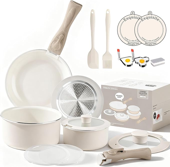 Heapsion 18-Piece Ceramic Nonstick Cookware Set, PFAS/PFOA/PTFE-Free & Non-Toxic Pots and Pans Set with Detachable Handles, Dishwasher Safe & Induction Compatible for Kitchen & RV Cooking