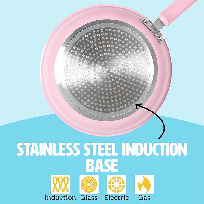 Tasty Clean Ceramic Non-Stick Aluminum Cookware Set, Tempered Glass Lid, Dishwasher Safe, 16-Piece, Pink