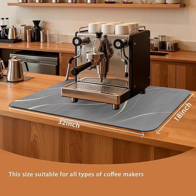 Coffee Mat 32x18 Inch, Irregular Gray Streamline Coffee Bar Mat, Absorbent Hide Stain Rubber Backed Dish Drying Mat for Kitchen Counter, Mat for Countertops, Under Coffee Machine Pot Espresso Staion