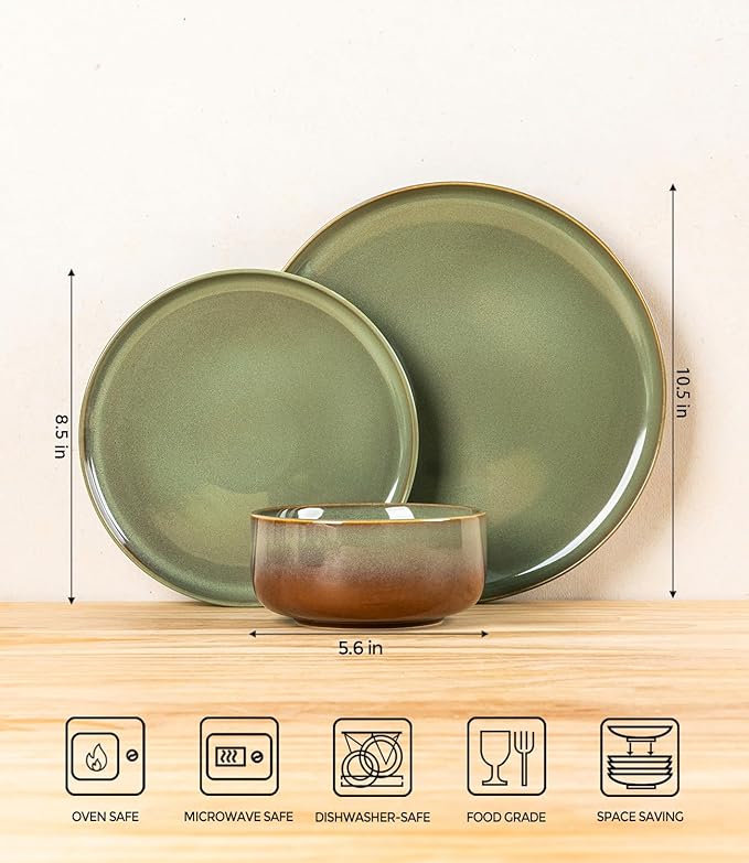 TheTerra Ceramic Dinnerware Sets for 8, 24 Pieces Handmade Reactive Glaze Plates and Bowls Set, Scratch Resistant Dish Set, Oven & Microwave & Dishwasher Safe, Sage Umber
