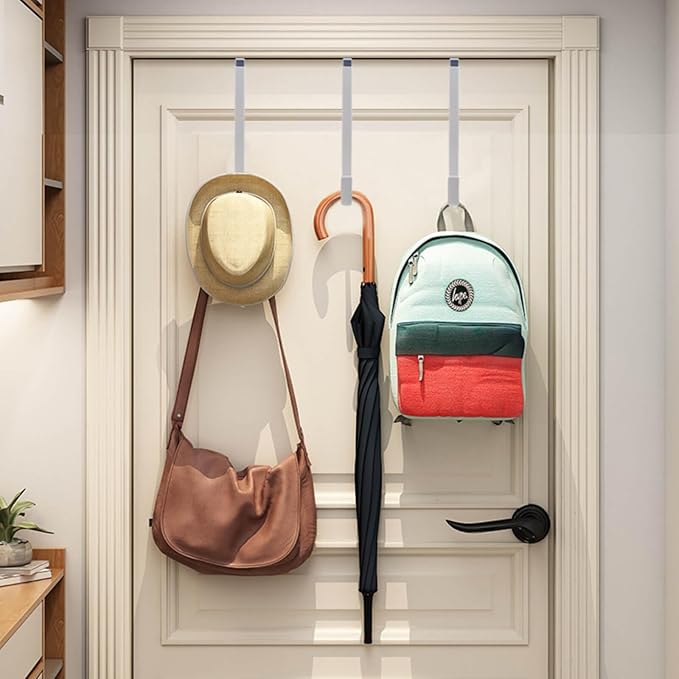 4 Pack Over The Door Hooks, Large Door Hanger Hook, Soft Rubber Surface Prevents Scratches, Door Hook for Bathroom, Living Room, Kitchen Hanging Clothes, Towels, Shoe Bag, Hat(White)