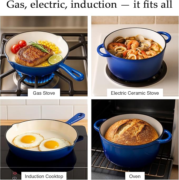 QuliMetal Nonstick Enameled Cast Iron Cookware Set, 4-Pcs Pots and Pans with Lid, Healthy Round Dutch Oven Pot for Sourdough Bread Baking, Oven Safe up to 500° F or on All Stovetop