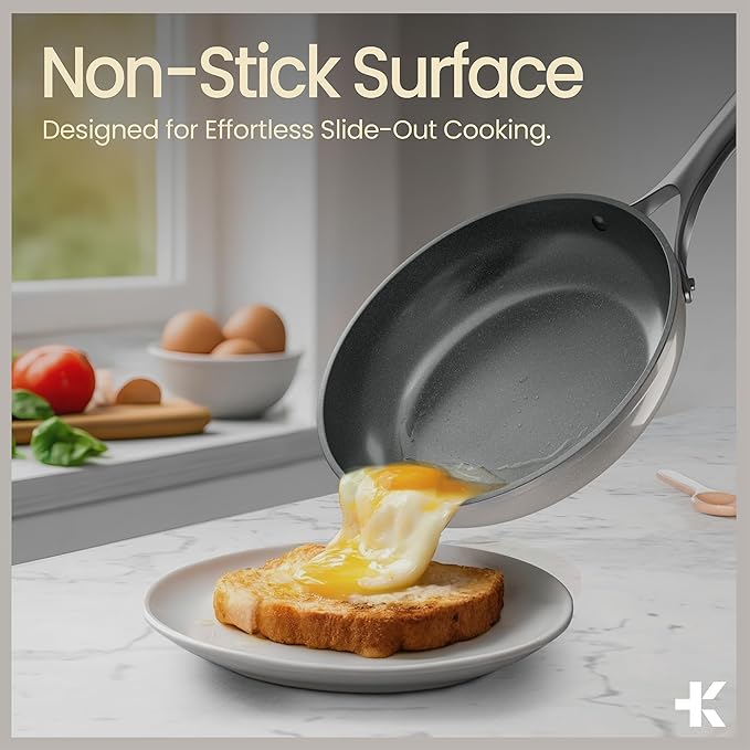 Bakken 12-Piece Aluminum Cookware Set with Ceramic Nonstick Coating, PTFE & PFAS Free, All Stovetop Safe Up To 500°F, Pots and Pans Set with Lids, Silicone Utensils Included, Dishwasher Safe, Cream
