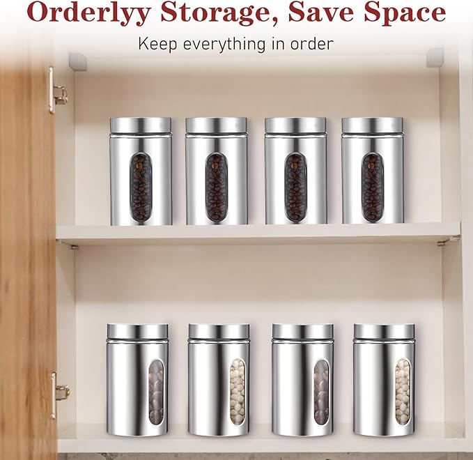 3 Pack Large Kitchen Canisters Set Airtight Coffee Sugar Tea Candy Storage Jars with Window Glass Stainless Steel Containers with Lids for Flour Cookies Spices Grains Kitchen Decorations(32 oz)