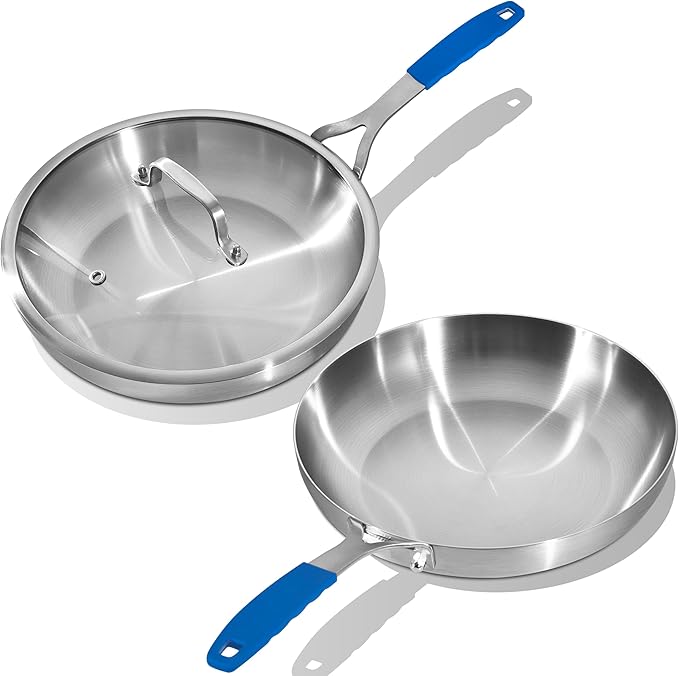 Inqibee 8.5-12 Inch Tri-Ply Stainless Steel Frying Pan set with a Lid, Skillets, Chef's Pan, Induction Cooking Pans Set, All Cooktops, Dishwasher and Detachable Handle
