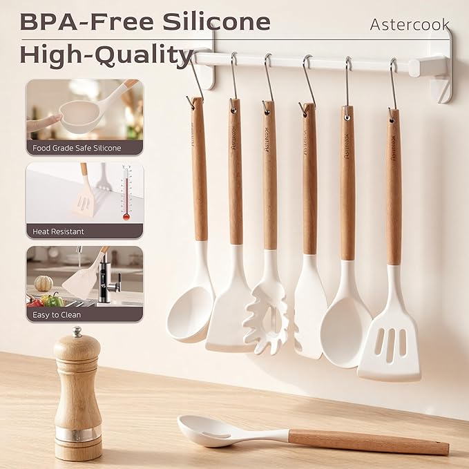 Astercook Kitchen Utensils set, 39 PCS Silicone Cooking Utensils Set with Wooden Handle, 446°F Heat Resistant Food Grade Utensil Sets, BPA Free Kitchen Gadgets Tools Set for Mothers Day Gifts