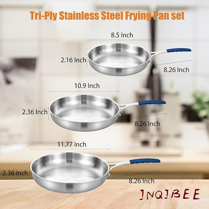 Inqibee 8.5-10-12 Inch Tri-Ply Stainless Steel Frying Pan Set of 3 with a Lid, Skillets, Chef's Pan, Induction Cooking Pans, Dishwasher Safe and Detachable Handle