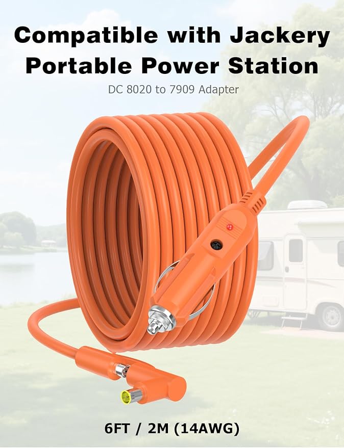 6FT Car Charging Cable 14AWG Compatible with Jackery Portable Power Stations, Explorer 3000 Pro/2000 Plus/1500/1000 v2, Car Cigarette Lighter Charging Cable with DC 8020 & DC 7909 Plug
