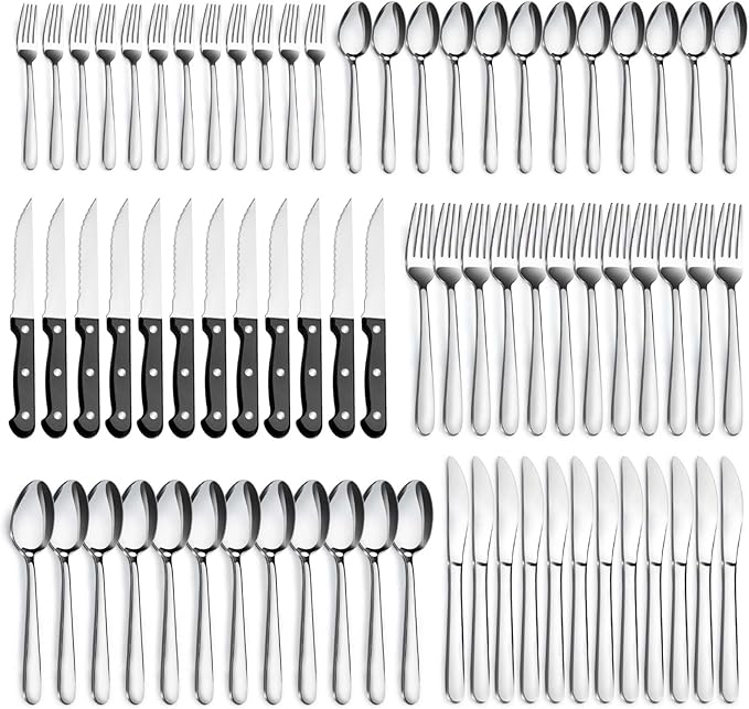 Pleafind 72-Pieces Silverware Set for 12, Flatware Set with Triple Rivet Steak Knives, Stainless Steel Cutlery Set, Include Forks Spoons and Knives Set, Utensil Sets for Home Restaurant
