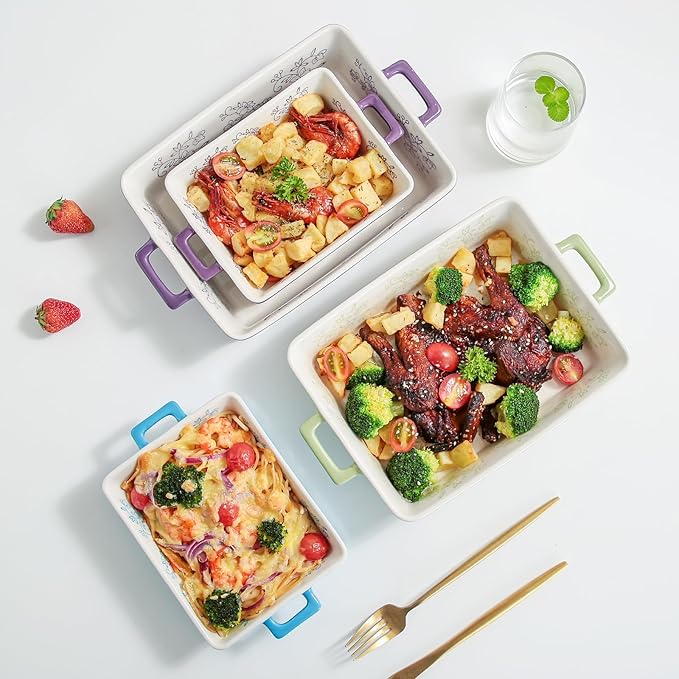 Domini Casserole Dishes for Oven, Ceramic Baking Dishes for Oven Set of 2, Lasagna Pan Deep, Baking Pan Set Square Casserole Dish Set with Handles for Baking, Pattern Purple(11.4+8.5inch)