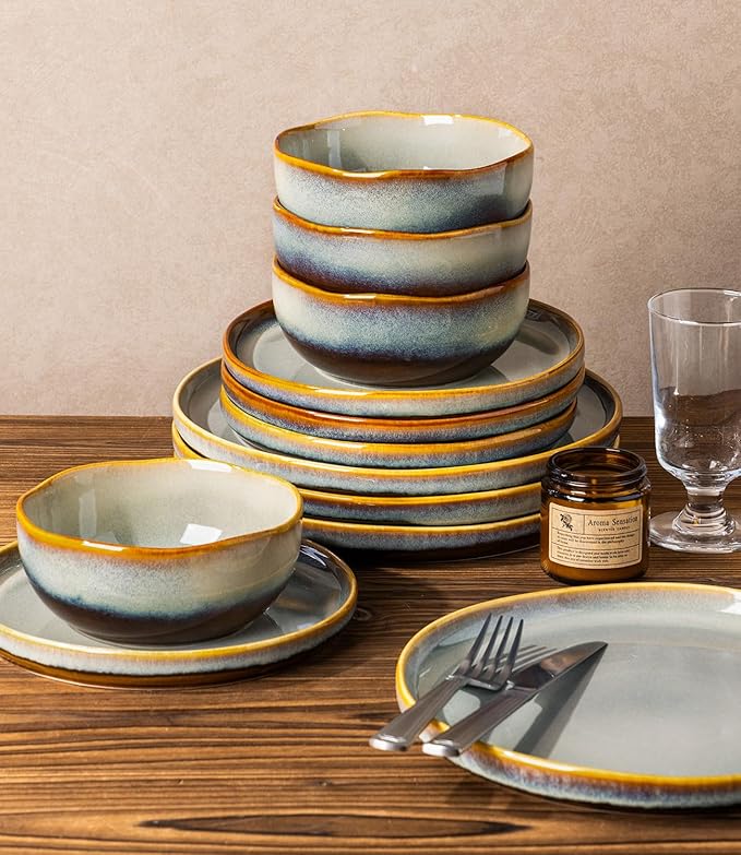 TheTerra Ceramic Dinnerware Sets for 4, 12 Pieces Handmade Reactive Glaze Plates and Bowls Sets, Scratch Resistant Dish Set, Oven & Microwave & Dishwasher Safe, Brown Blue