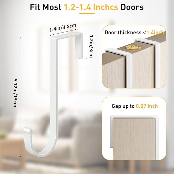 6 Pack Over The Door Hooks, Door Hanger Hook, Towel Hooks for Hanging, Bathroom Hook, Fit 1 3/8" Door, White