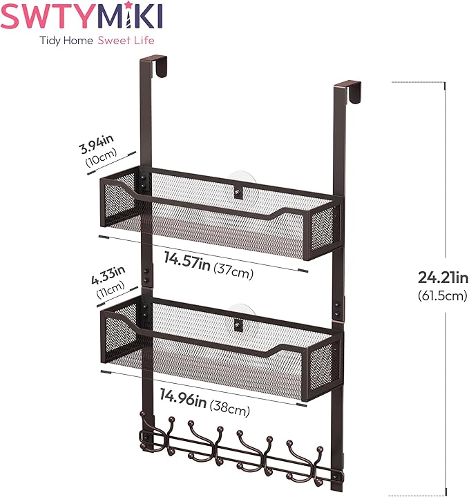SWTYMIKI Over The Door Hooks Organizer - Multi-Functional Door Hanger with 16 Hooks & 2 Mesh Baskets, Long Coat Rack for Bathroom, Bedroom, Living Room, Home Storage Organizer, Bronze