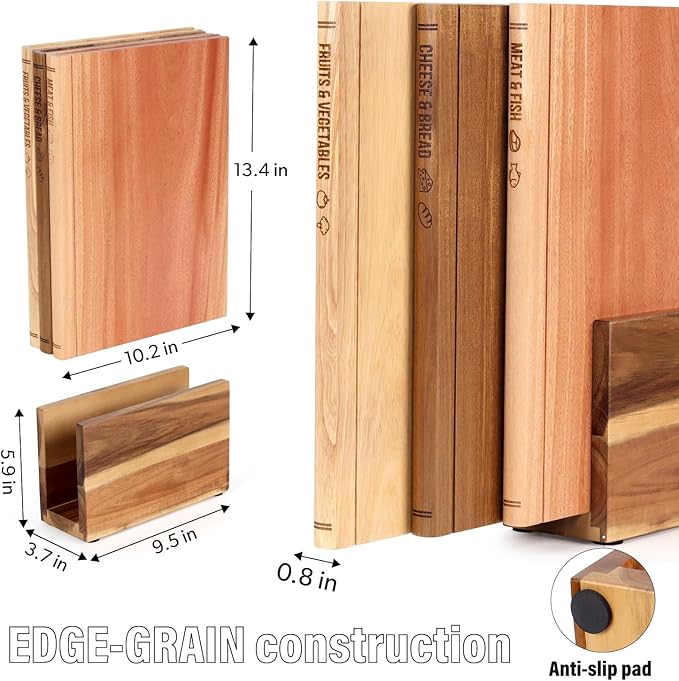 Book Cutting Board Set of 3 with Stand-The Cutting Board Library, Solid Wood Book-Shaped Boards for Serving & Display, Labeled Meat & Fish, Bread & Cheese, Fruits&Vegetables-Decorative Cutting Boards.