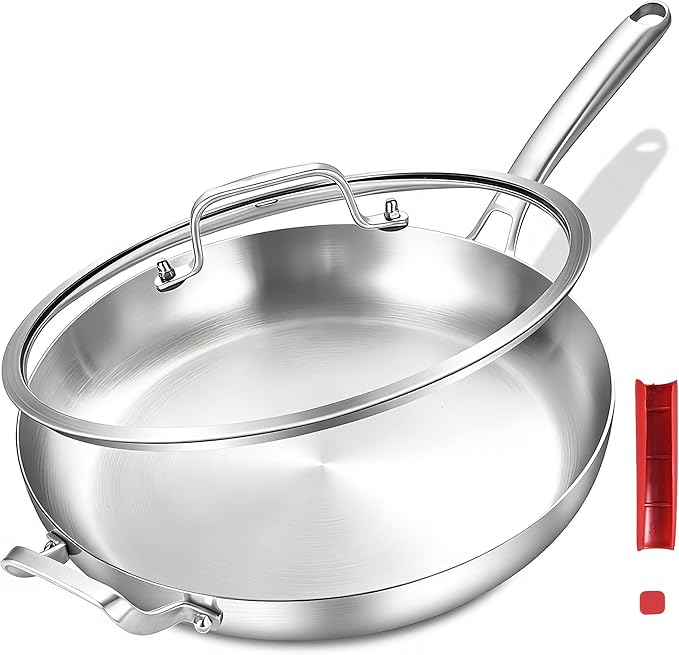 Inqibee 13-Inch Tri-Ply Stainless Steel Frying Pan with Lid and Helper Handle,Skillet,Induction Cooking Pan,Heavy Duty and Detachable Handle.