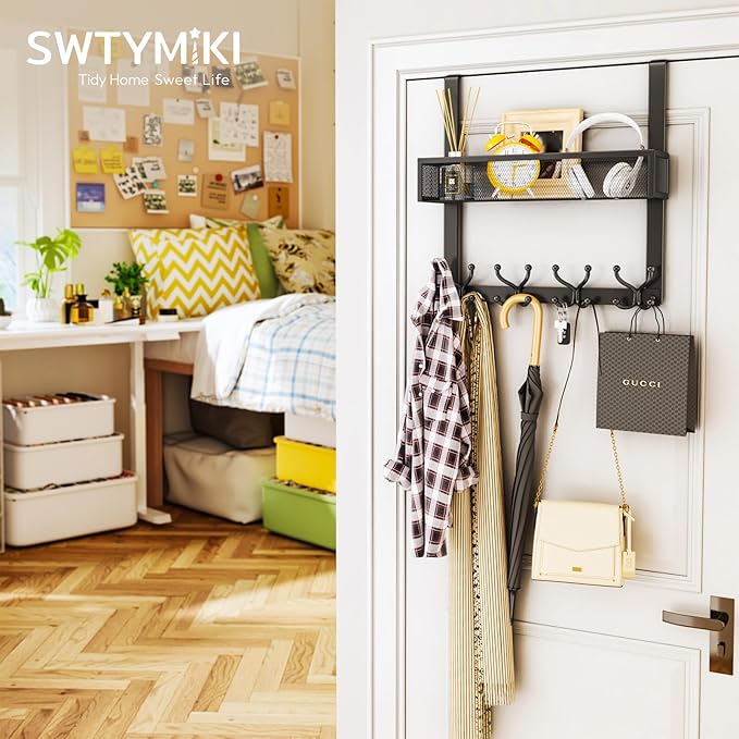 SWTYMIKI Over The Door Hook with 16 Hooks & Mesh Baskets - Heavy Duty Over The Door Organizer Hanger for Towels, Coats, Clothes - Space Saving Hanging Rack for Bathroom, Living Room, Black