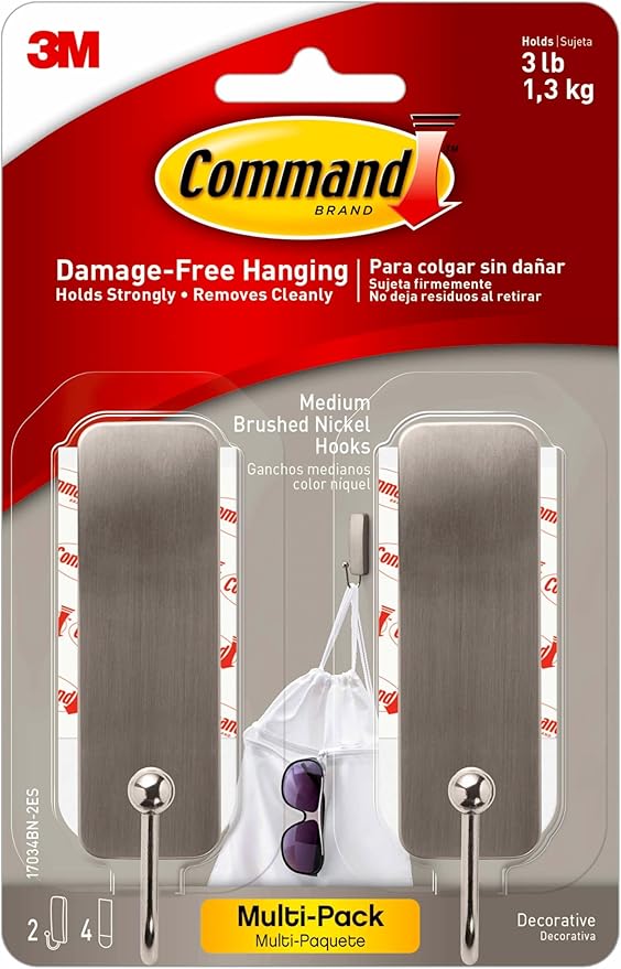 Command Medium Brushed Nickel Wall Hook, 2 Coat Hooks and 4 Strips, Damage-Free Hanging with Adhesive, No Tools Great for Hanging Home Decor, Holds up to 3 lb
