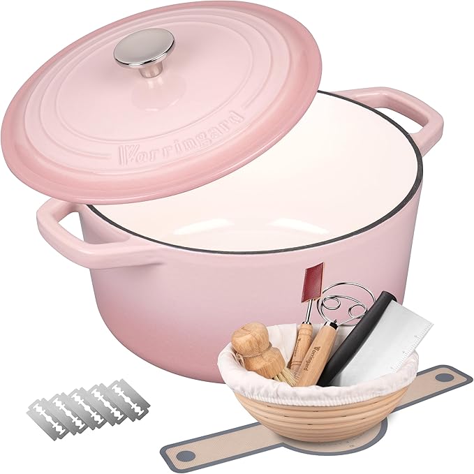 VORRINGARD Enameled Cast Iron Dutch Oven Pot with Lid, for Bread Baking, Round Bread Oven- include Sourdough Bread Baking Supplies set, 4.5QT, Pink