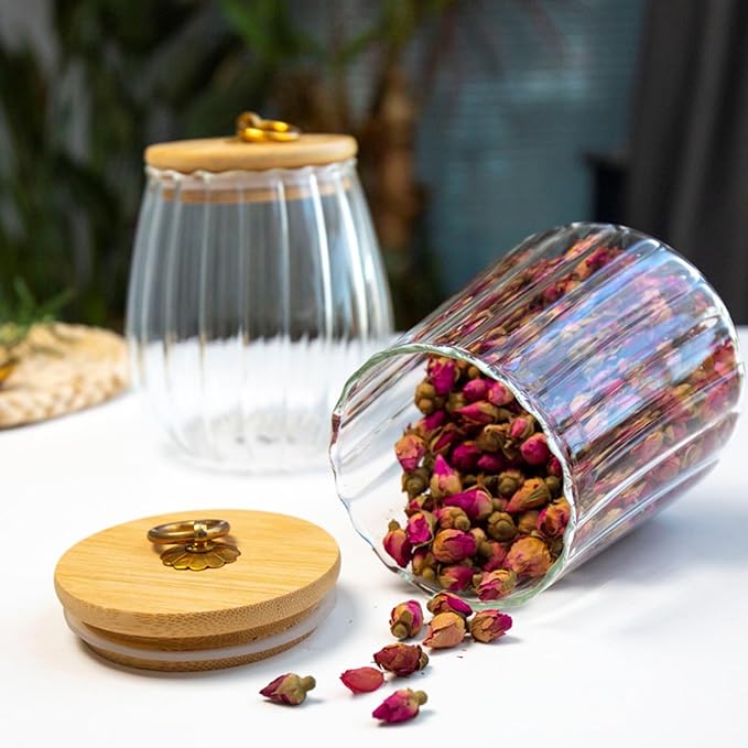 Viovian 34oz Vintage Glass Jar with Wood Lid and Spoon Glass Storage Canister Medium Clear Decoration Jars with Lids for Food Coffee Nut Cookie Candy Sugar 1000ml
