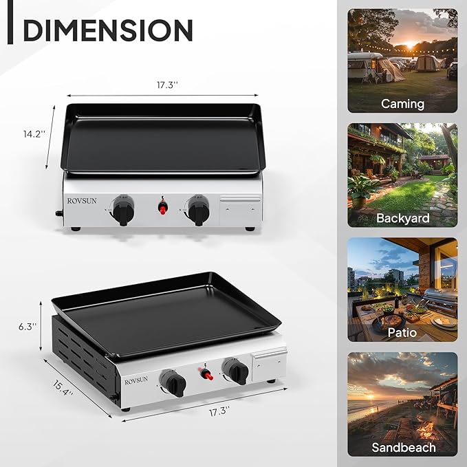 ROVSUN 2 Burner Portable Propane Griddle with Electronic Ignition & Regulator, 20,000 BTU Tabletop Flat Top Gas Grill with Nonstick Enameled Tray for Outdoor Cooking Camping BBQ Tailgating Picnicking
