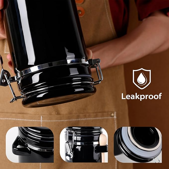 4-Piece Airtight Ceramic Canisters Set with Wooden Spoons & Chalk Labels – Perfect for Coffee, Sugar, Flour, Tea (Black) – Stylish & Leakproof Kitchen Storage
