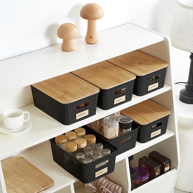 Bagnizer Small Plastic Storage Bins with Bamboo Lids 5.2qt Stackable Box Basket Pantry Decorative Containers Cute with Labels for Organizing Desktop Closet Office Black of 6 packs 10 * 7.2 * 4.1"