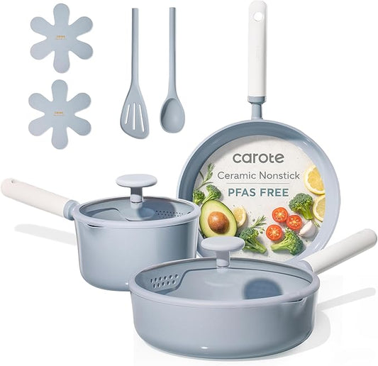 CAROTE Ceramic Cookware Set Nonstick, 9pcs Pots and Pans Set Non stick, Non-Toxic & PFAS-Free,Dishwasher, RV/Camping Cookware Set,Sauce Pan with Lid, Blue