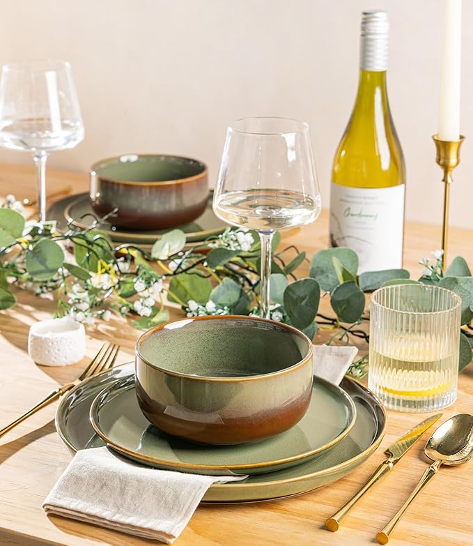 TheTerra Ceramic Dinnerware Sets for 8, 24 Pieces Handmade Reactive Glaze Plates and Bowls Set, Scratch Resistant Dish Set, Oven & Microwave & Dishwasher Safe, Sage Umber
