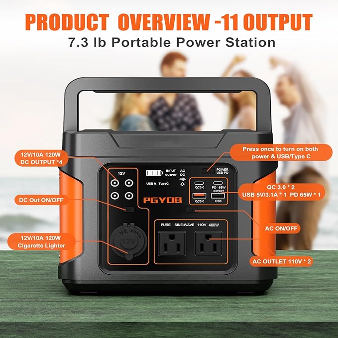 PGYOB 400W Portable Power Station, 296Wh Outdoor Solar Generator Backup Ternary Battery Pure Sine Wave Power Pack with AC/DC Outlet, PD 65W USB-C Outlet for Home, Camping, RV, Blackout, CPAP