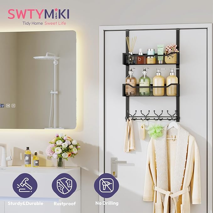 SWTYMIKI Over The Door Hooks Organizer - Multi-Functional Door Hanger with 16 Hooks & 2 Mesh Baskets, Long Coat Rack for Bathroom, Bedroom, Living Room, Home Storage Organizer, Black