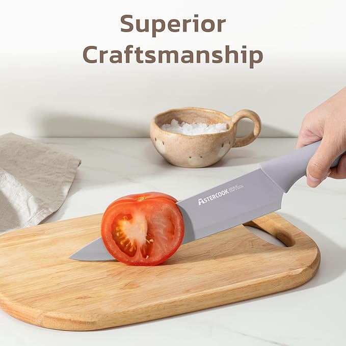 Astercook Knife Set, 13 Pieces Kitchen Knives Set with Healthy Anti-Rust Coating, Dishwasher Safe, Stainless Steel Chef Knife Sets with 6 Blade Guards, Perfect Mothers Day Gifts for Kitchen Morandi