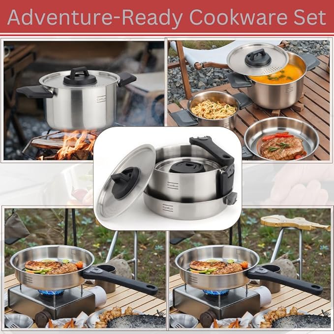 Stainless Steel Camping Kitchen Cookware Set - Frying Pan With Detachable Handle - Nesting Pots for Backpacking, Camp, and RV Cooking - 6 Piece Mess Kit - 1.5L Frypan, 1.5L Small Pot & 3.5L Medium Pot