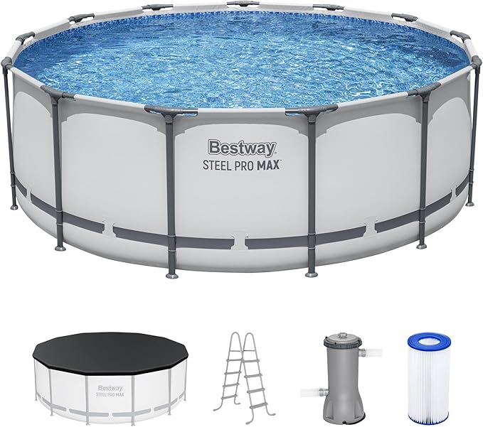 Piscine hors sol Bestway Steel Pro MAX 3,96 m x 1,22 m, kit piscine extérieure ronde à cadre métallique avec pompe de filtration, échelle et couverture, gris