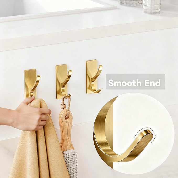 10 Pack Brushed Gold Self Adhesive Coat Hooks for Hanging: 13LB Extra Strong Stainless Double Wall Hook for Towel, Backpack, Hat, Sturdy Metal Hanger for Bathroom, Bedroom, Door, Wall Mounted