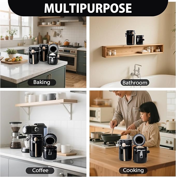 4-Piece Airtight Ceramic Canisters Set with Wooden Spoons & Chalk Labels – Perfect for Coffee, Sugar, Flour, Tea (Black) – Stylish & Leakproof Kitchen Storage