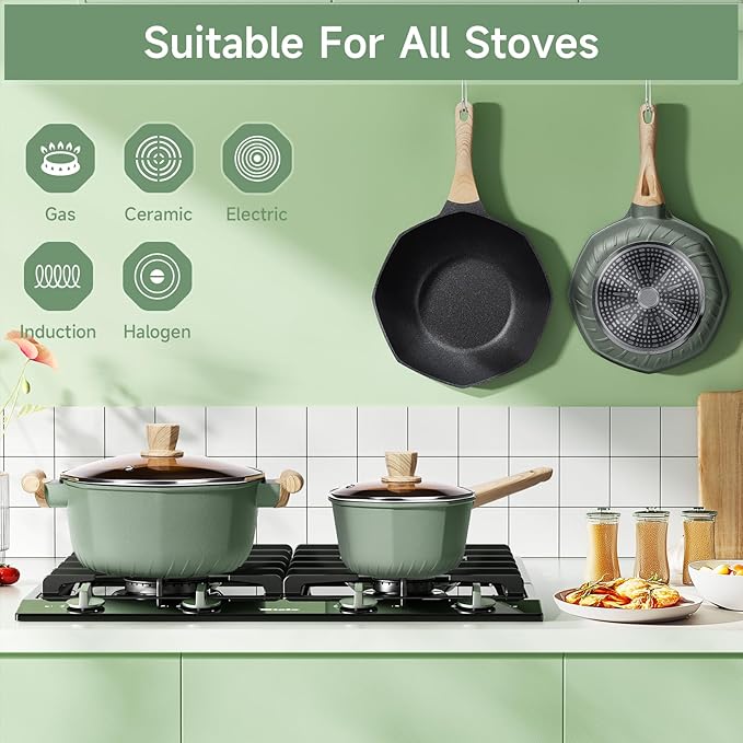 RealCool Pots and Pans Set Non Stick, 8 Pieces Induction Cookware, Octagon Nonstick Kitchen Cookware Sets with Frying Pans/Casserole/Saucepan(PFOS, PFOA Free)