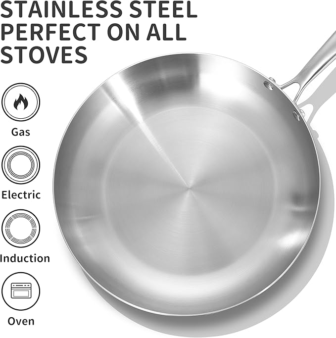 LOLYKITCH 8.5 Inch Tri-ply Stainless Steel Frying Pan with Lid,Skillet,Induction Cooking Pan,Dishwasher and Oven Safe,Riveted Handle