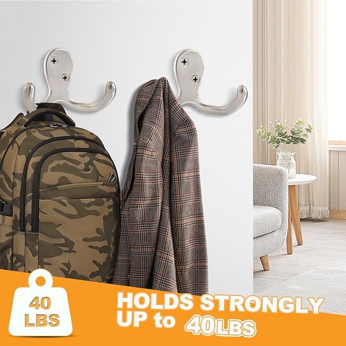 10 Pack Coat Hooks Wall Hooks for Hanging, Heavy Duty Double Prong Metal Hook Wall Mounted for Living Room, Bathroom, Kitchen, Bedroom for Coat, Bag, Scarf, Towel, Hat, Key, Cup (Silver)