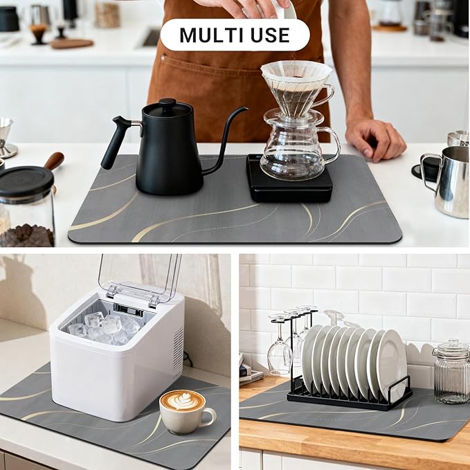 Coffee Mat 32x18 Inch, Irregular Gray Streamline Coffee Bar Mat, Absorbent Hide Stain Rubber Backed Dish Drying Mat for Kitchen Counter, Mat for Countertops, Under Coffee Machine Pot Espresso Staion