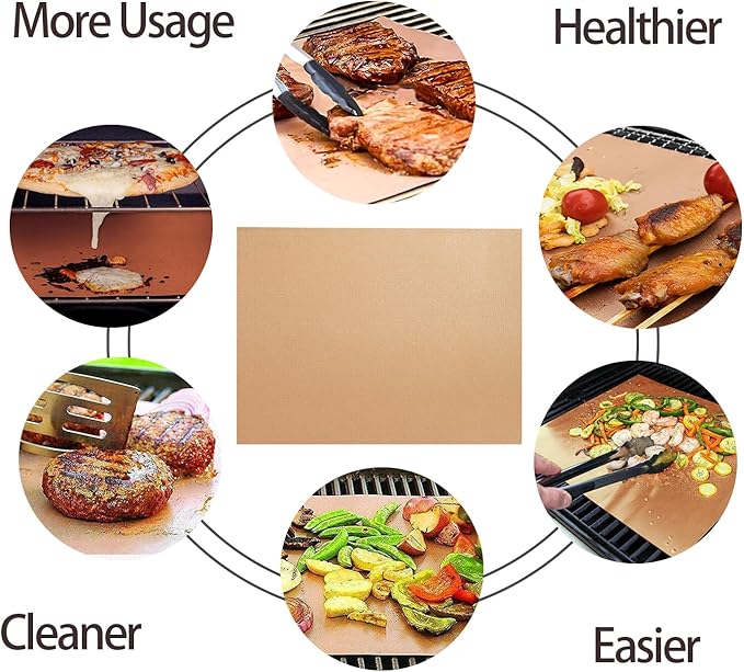 Renook Grill Mats for Outdoor Grill, Set of 6 Copper Grill Mat, Non-Stick and Reusable BBQ Copper Sheets for Gas Grilling Charcoal Electric Barbecue Cooking Accessories, PFOA Free, 15.75 X 13in